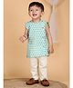 Polka Tots Cotton Sleeveless Baby Elephants Printed Jhabla & Pant Set - Aqua Blue