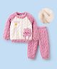Mark & Mia Full Length Raglan Sleeves Winter Wear Night Suit with Animal & Cable Knit Quilting Design - Pink & White