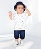 MASHUP Cotton Half Sleeves Flags Printed Tee & Denim Shorts With Bucket Cap Set -  White