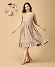 The Mom Store Cotton Half Sleeves Threadwork Striped Maternity Dress With Nursing Access - Beige