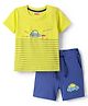 Babyhug Single Jersey Knit Half Sleeves T-Shirt & Shorts Set With Car Print & Patch - Yellow & Blue
