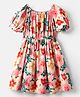 Kookie Kids Cambric Woven Half Puffed Sleeves Dress with Floral Print - Peach