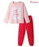 Honeyhap Premium Cotton Knit Full Sleeves Bio Finish Night Suit With Text Print - Gossamer Pink & Red Alert