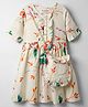 Kookie Kids Poplin Woven Half Sleeves Dress & Sling Bag with Floral Print & Frill Detailing - Cream