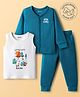 Babyoye Cotton Modal Super Soft Full Sleeves Front Open & Pullover Thermal Vest & Pant Set With Vehicle Print - Teal Blue