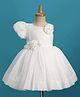 Bluebell Woven Half Sleeves Solid Coloured Tissue Frock With Floral Corsage - White