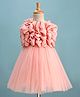 Bluebell Satin Woven Sleeveless Solid Coloured Dress With Floral Applique & Frill Detailing - Peach