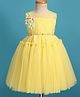 Bluebell Net Woven Sleeveless Solid Coloured Frock With Floral Corsage & Pearl Embellished Detailing - Yellow