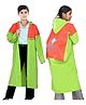 Viva Rainwear PVC Full Sleeves Colour Blocked & Dolphin Back Designed Hooded Raincoat - Green & Orange