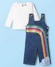 Babyhug Cotton Knit Full Sleeves Dungaree Style Jumpsuit With Rainbow Embroidery - Blue & White