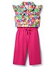 Babyhug Cotton Knit Sleeveless Jumpsuit With Frill Sleeve Jacket With Tropical Theme Print - Dark Pink
