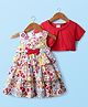 Babyhug Cotton Knit Half Sleeves Shrug With Floral Printed Layered Frock with Bow Applique -  Red