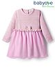 Babyoye 100% Cotton Knit Full Sleeves Solid Woollen Dress With Bow Applique - Light Pink