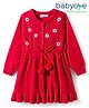 Babyoye 100% Cotton Knit Full Sleeves Woolen Dress with Floral Embroidery - Red