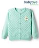 Babyoye 100% Cotton Knit Full Sleeves Front Open Sweater With Floral Applique - Sea Green