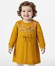 Babyoye 100% Cotton Knit Full Sleeves Woolen Dress with Floral Embroidery & Cable Knit Design - Yellow