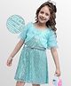 Hola Bonita Knit Half Ruffled Sleeves Party Dress with Shrug & Belt All Over Sequin Glitter & Mesh Detailing - Aqua Blue