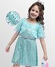 Hola Bonita Knit Half Ruffled Sleeves Party Dress with Shrug & Belt All Over Sequin Glitter & Mesh Detailing - Aqua Blue