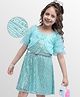 Hola Bonita Knit Half Ruffled Sleeves Party Dress with Shrug & Belt All Over Sequin Glitter & Mesh Detailing - Aqua Blue