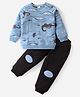 Mark & Mia Terry Knit Full Sleeves Winter Wear Set With Dino Print & Knee Patch Detailing - Blue