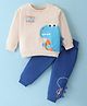 Mark & Mia Fleece Knit Full Sleeves Sweatshirt & Lounge Pants With Dino Graphics & Spikes Detailing - Beige & Blue