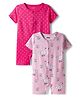 Babyhug 100% Cotton Interlock Knit Half Sleeves Front Open Romper with Polka Dot Ducky & Floral Print Pack of 2 - Dark Pink & Plum