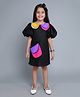 PinkChick Cotton Half Balloon Sleeves Colour Blocked Dress With Sling Bag & Hair Clip - Black