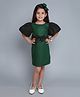 PinkChick Cotton Half Balloon Sleeves Colour Blocked & Bow Applique Detailed Dress With Bow Clip - Green