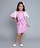 PinkChick Cotton Half Balloon Sleeves Striped & Bow Applique Detailed Dress With Bow Clip - Purple