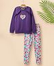 Tiara Fleece Knit Full Sleeves Heart Embroidered Frill Detailed Sweatshirt & Abstract Printed Leggings Set - Purple