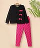 Tiara Pure Cotton Knit Full Sleeves Bow Applique Detailed Top & Floral Printed Leggings Set - Pink