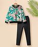 Tiara Fleece Knit Full Sleeves Tropical Theme Printed Sweatshirt & Leggings Set - Green