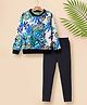 Tiara Fleece Knit Full Sleeves Floral Printed Sweatshirt & Leggings Set - Blue