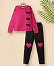 Tiara Pure Cotton Knit Full Sleeves Bow Applique Detailed Top & Heart Patch Embroidered Leggings Set - Pink