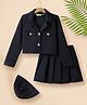 Tiara Interlock Knit Full Sleeves Solid Jacket & Pleated Skirt With Cap Set - Navy Blue