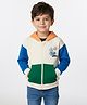 Bonfino 100% Cotton Fleece Full Drop Shoulder Sleeves Hooded Sweatjacket with Colour Block Design - White