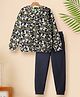 Tiara Interlock Knit Full Sleeves Floral Printed Sweatshirt & Joggers Set - Navy Blue