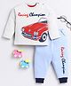 Wonderchild Full Sleeves Car & Racing Champion Text Printed Tee & Joggers Set - Grey & Blue