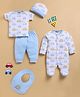 Wonderchild Interlock Knit Baby Gift Set with Cars Print Pack of 5 - Light Blue & White