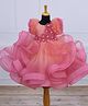 Li & Li Couture Net Half Sleeves Floral Applique & Ruffle Detailed Pearls Embellished Gown - Flamingo Pink Light & Flamingo Peach