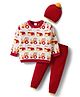Babyhug Organic Cotton Knit Full Sleeves Sweater Set With Cap & Vehicle Design - Brown & White