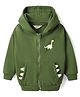 Bonfino 100% Cotton Fleece Knit Full Drop Shoulder Sleeves Hooded Sweatjacket with Kangaroo Pockets & Dino Print - Olive Green