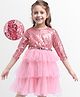 Hola Bonita Knit Three Forth Sleeves Partywear Glitter Mesh Dress With Sequin Yoke & Belt - Pink