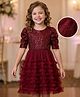 Hola Bonita Knit Half Sleeves Party Wear Dress & Belt With Sequin Mesh & Ruffles - Maroon