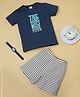 RAINE AND JAINE Cotton Knit Half Sleeves The Game Starts Now Dude Text Printed Tee & Striped Shorts Set - Navy Blue & White