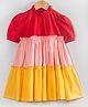 Hugsntugs Woven Cotton Half Puffed Sleeves Colour Blocked Tiered Dress - Red & Yellow