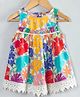 Hugsntugs Woven Cotton Sleeveless  Floral Printed Lace Embellished Dress - Multi Colour