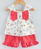 Hugsntugs Cotton Sleeveless Floral Printed Bow Applique Detailed Top & Shorts Set - White & Coral