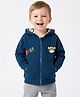 Bonfino 100% Cotton Fleece Knit Full Sleeves Hooded Sweatjacket With Tiger & Text Embroidery & Kangaroo Pockets - Navy Blue