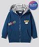 Bonfino 100% Cotton Fleece Knit Full Sleeves Hooded Sweatjacket With Tiger & Text Embroidery & Kangaroo Pockets - Navy Blue